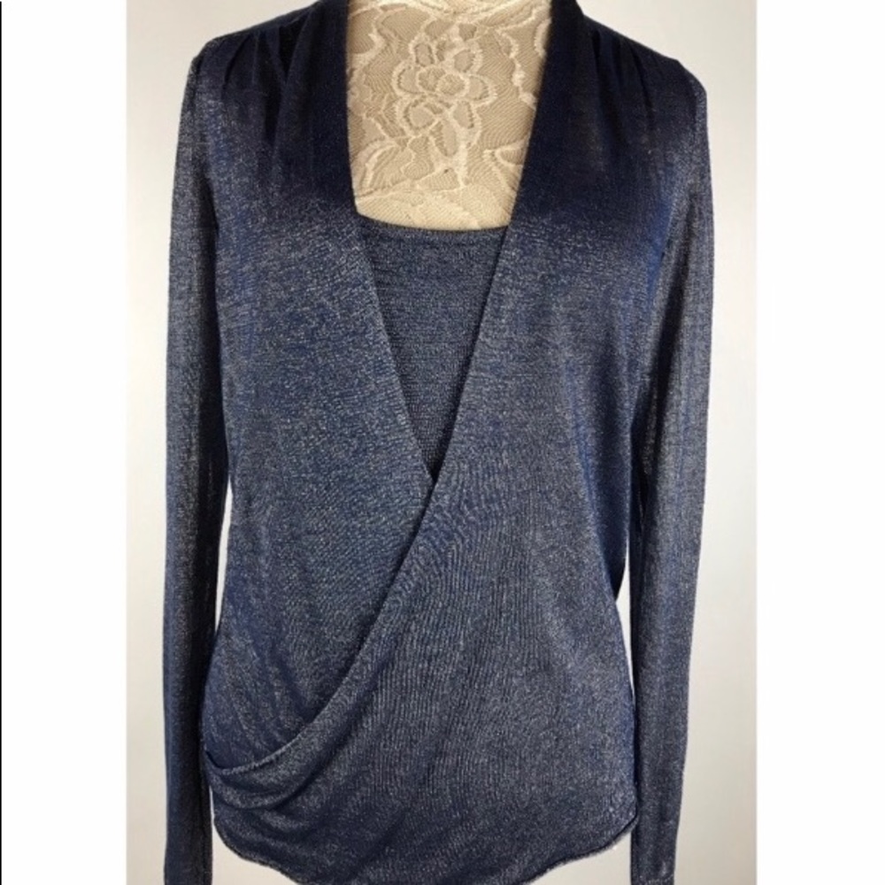 WHBM Blue Shimmer Top Faux Wrap Blouse